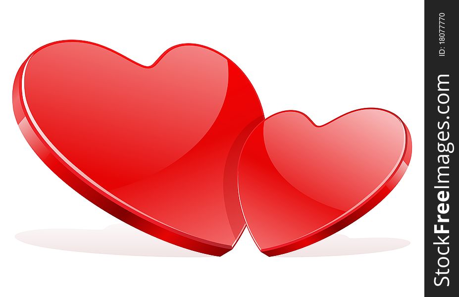 Two red glossy hearts in perspective vector illustration. Two red glossy hearts in perspective vector illustration