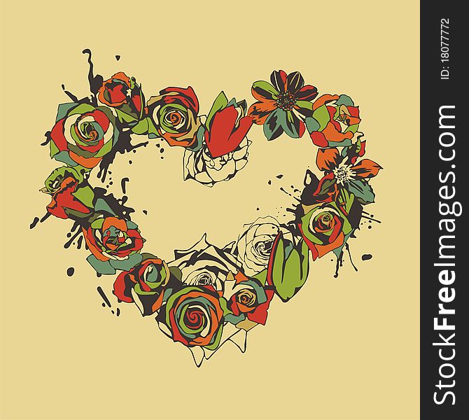Heart consist of colorful flowers on beige background. Vector illustration. Heart consist of colorful flowers on beige background. Vector illustration