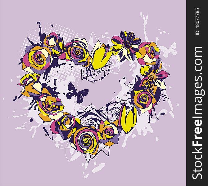 Heart consist of colorful flowers on violet background. Vector illustration. Heart consist of colorful flowers on violet background. Vector illustration