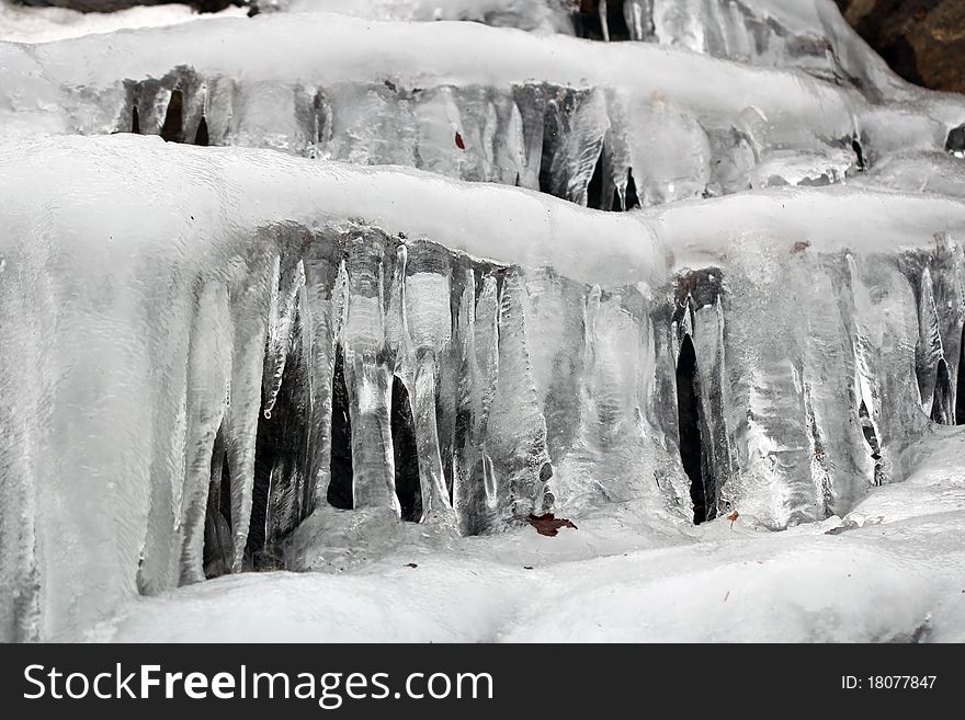Part of a big ice formation on a cliff in Quebec, Canada. Layers of icicles.