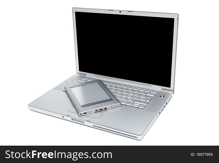 Laptop and reader on a white background