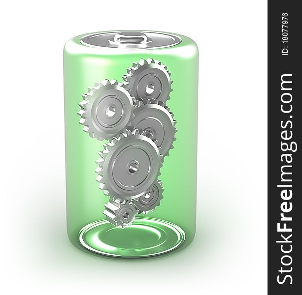 Battery concept with cogs isolated on white