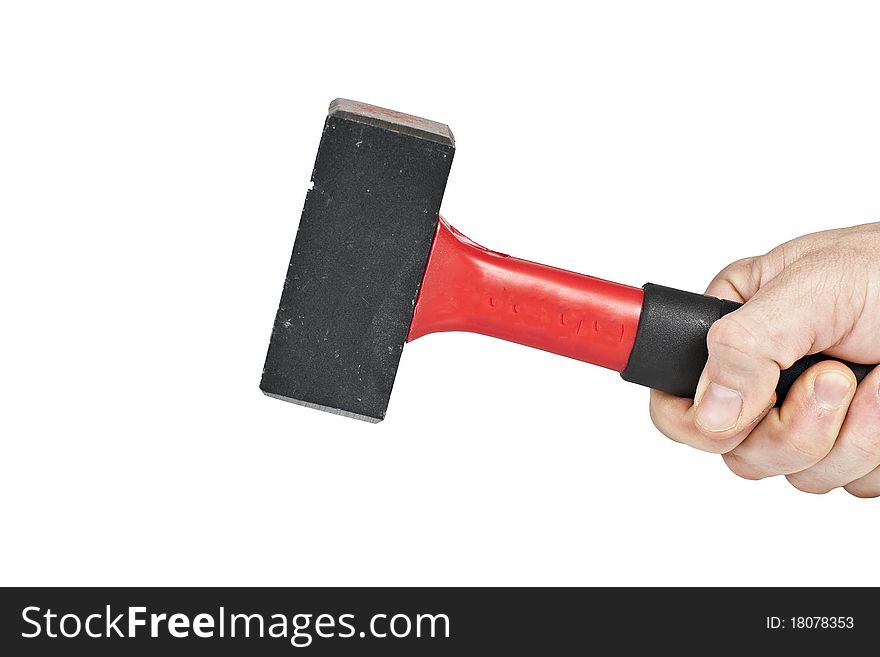 Hammer hold by human hand isolated on white background