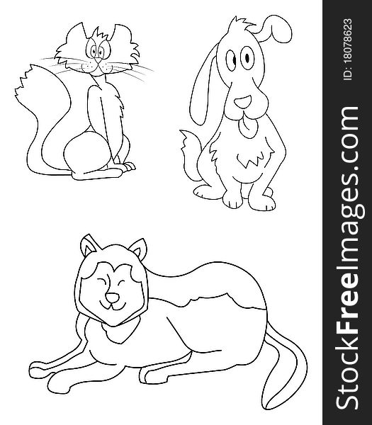 Cartoon illustration of a dog, puppy, kitten outline