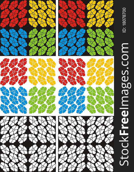 Pattern from florets texture of four colors of a rainbow: the red yellow dark blue green. Are packed in a black square in vector. Pattern from florets texture of four colors of a rainbow: the red yellow dark blue green. Are packed in a black square in vector