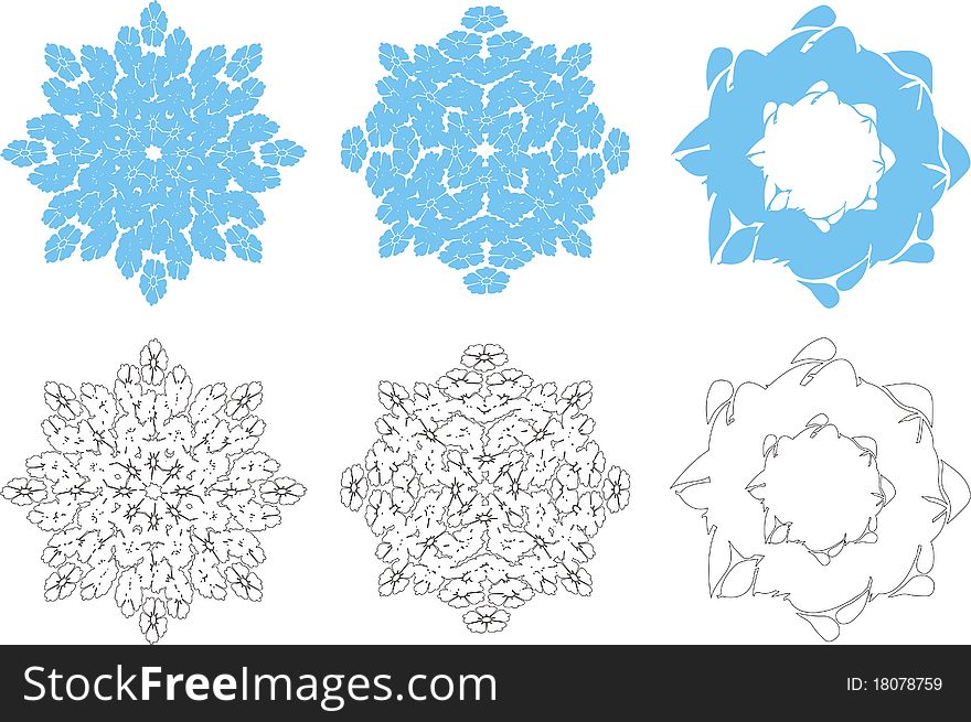 Three snowflakes different in the form on a blue background in vector