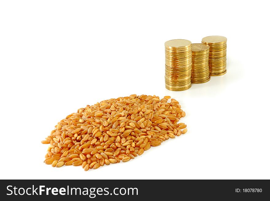 Grain of wheat and metal coins are isolated on a white background