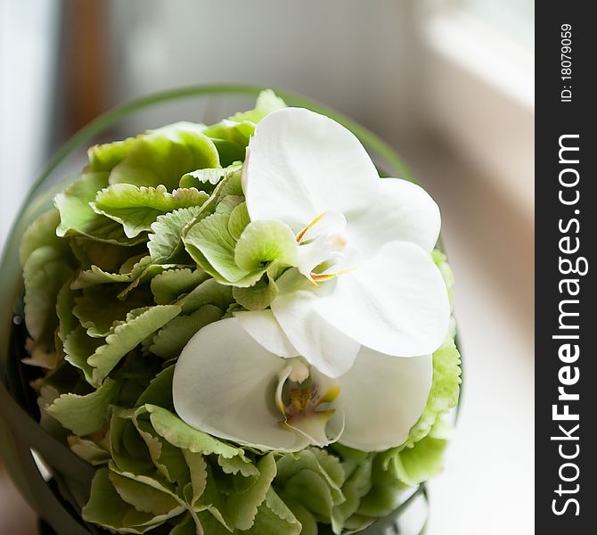 Wedding flower bouquet on the windowsill