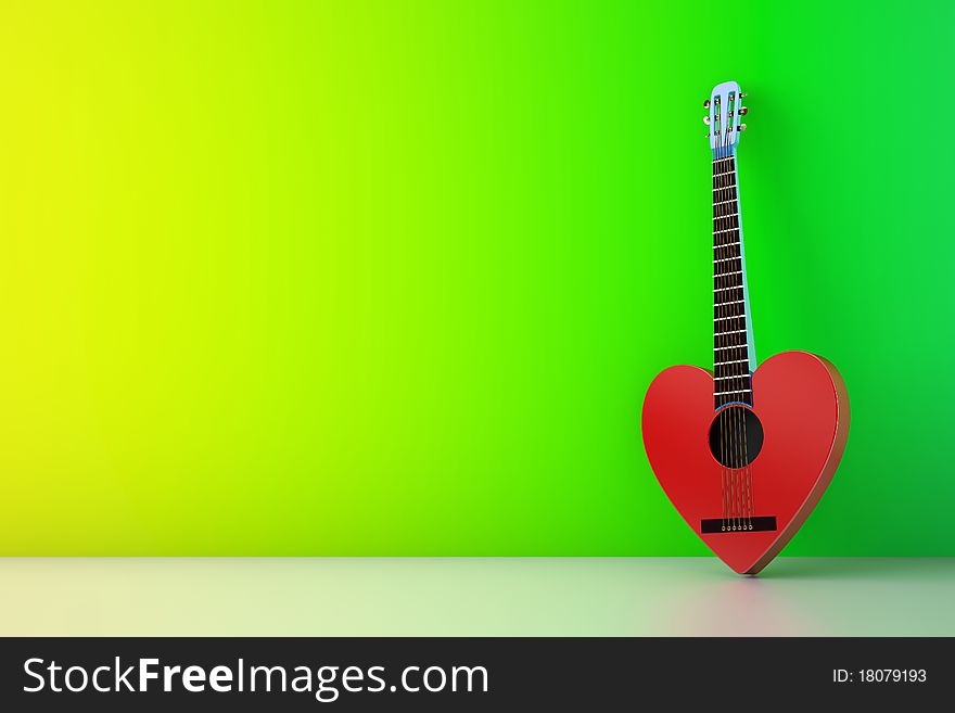 Heart Shaped Red Guitar Against Green Wall
