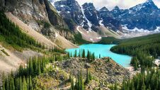 Moraine Lake, Valley Of The Ten Peaks, Banff National Park, Beautiful Landscape, Alberta, Canada Royalty Free Stock Photos Moraine Lake, Valley Of The Ten Peaks, Banff National Park, Beautiful Landscape, Alberta, Canada Royalty Free Stock Photos