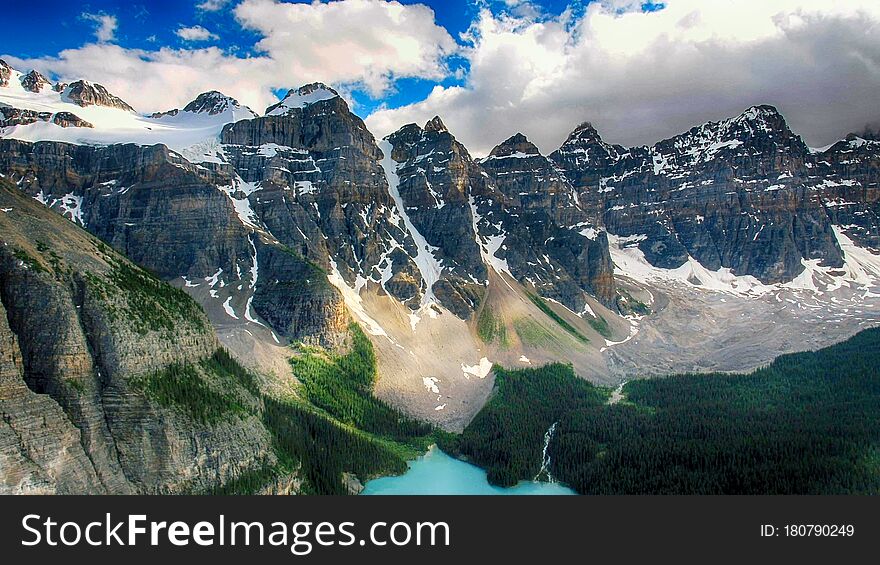 Moraine Lake is a glacially fed lake in Banff National Park, 14 kilometres outside the Village of Lake Louise, Alberta, Canada. It is situated in the Valley of the Ten Peaks, at an elevation of approximately 1,884 metres. The lake has a surface area of 50 hectares. Moraine Lake is a glacially fed lake in Banff National Park, 14 kilometres outside the Village of Lake Louise, Alberta, Canada. It is situated in the Valley of the Ten Peaks, at an elevation of approximately 1,884 metres. The lake has a surface area of 50 hectares.