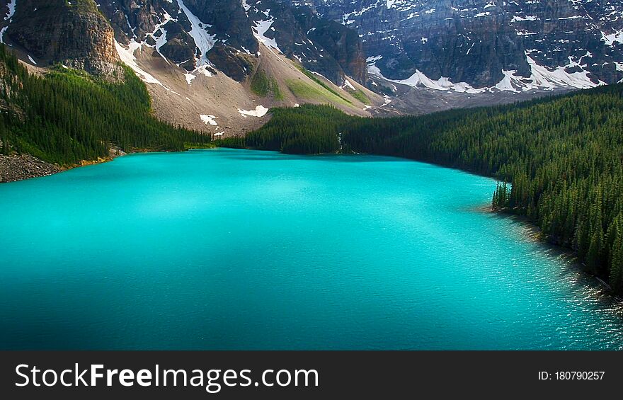 Moraine Lake is a glacially fed lake in Banff National Park, 14 kilometres outside the Village of Lake Louise, Alberta, Canada. It is situated in the Valley of the Ten Peaks, at an elevation of approximately 1,884 metres. The lake has a surface area of 50 hectares. Moraine Lake is a glacially fed lake in Banff National Park, 14 kilometres outside the Village of Lake Louise, Alberta, Canada. It is situated in the Valley of the Ten Peaks, at an elevation of approximately 1,884 metres. The lake has a surface area of 50 hectares.