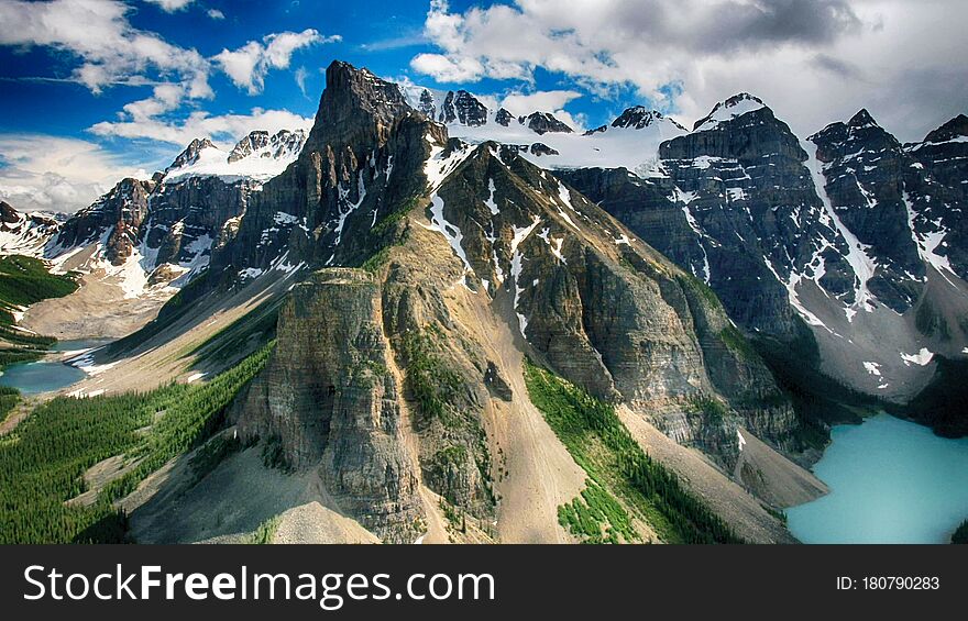 Moraine Lake is a glacially fed lake in Banff National Park, 14 kilometres outside the Village of Lake Louise, Alberta, Canada. It is situated in the Valley of the Ten Peaks, at an elevation of approximately 1,884 metres. The lake has a surface area of 50 hectares. Moraine Lake is a glacially fed lake in Banff National Park, 14 kilometres outside the Village of Lake Louise, Alberta, Canada. It is situated in the Valley of the Ten Peaks, at an elevation of approximately 1,884 metres. The lake has a surface area of 50 hectares.