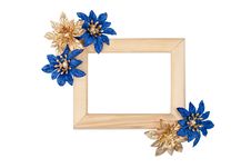 Wooden Photo Frame With Blue And Golden Flowers Stock Photo