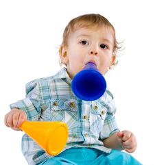 Baby Boy Shouting Through A Toy Royalty Free Stock Photography