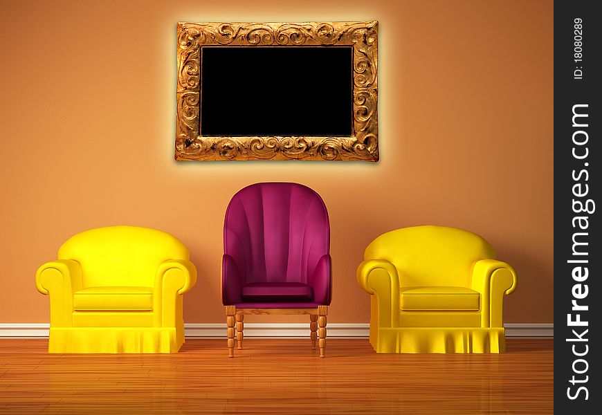 Two yellow chairs with a purple chair and picture frame in the middle in the orange interior