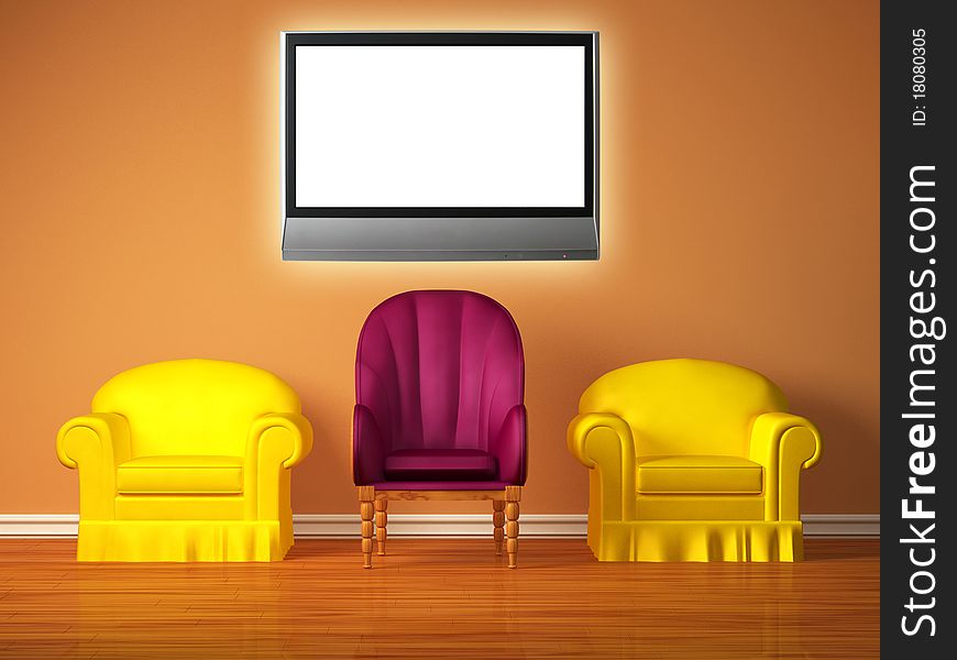 Two Yellow Chairs With A Purple Chair And Lcd Tv