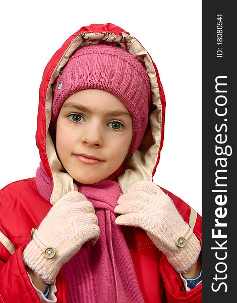 Girl is in winter clothes isolated on white background