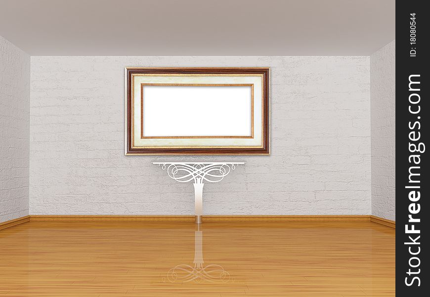 Metallic table with picture frame in gallery