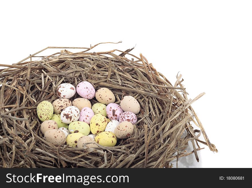 Colored eggs in bird nest over white background. Colored eggs in bird nest over white background