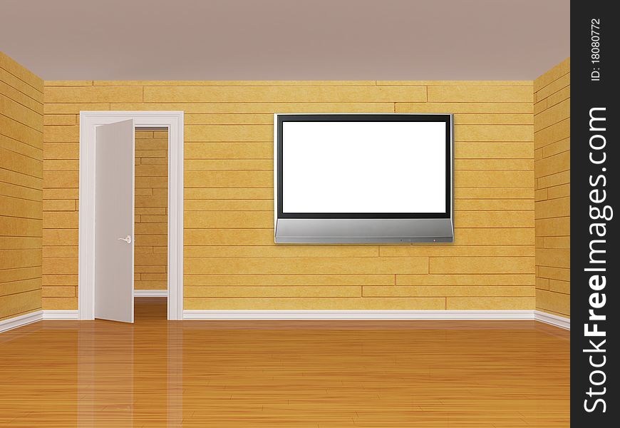 Orange room with open door and flat tv. Orange room with open door and flat tv