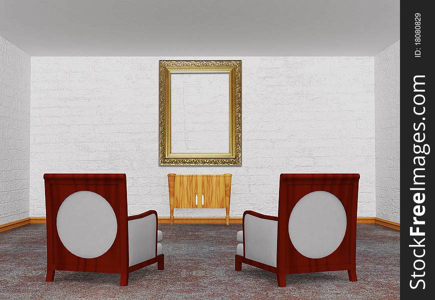 Two luxurious chairs with a wooden console and a picture frame in the minimalist interior. Two luxurious chairs with a wooden console and a picture frame in the minimalist interior