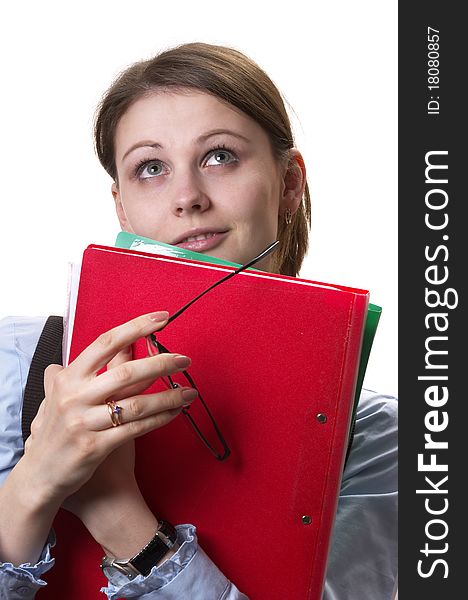 Yong secretary girl with file folders isolated over white background. Yong secretary girl with file folders isolated over white background