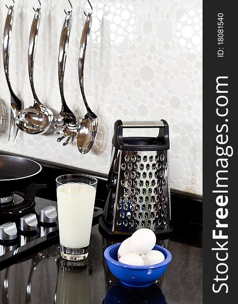 Background of modern kitchen and eggs, milk