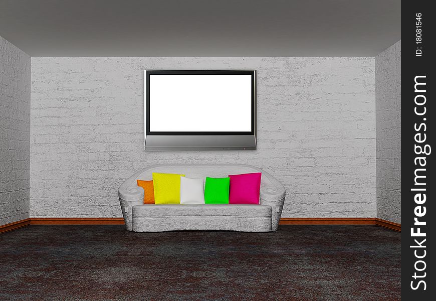 Minimalist living room with white couch with colored cushion and lcd tv. Minimalist living room with white couch with colored cushion and lcd tv