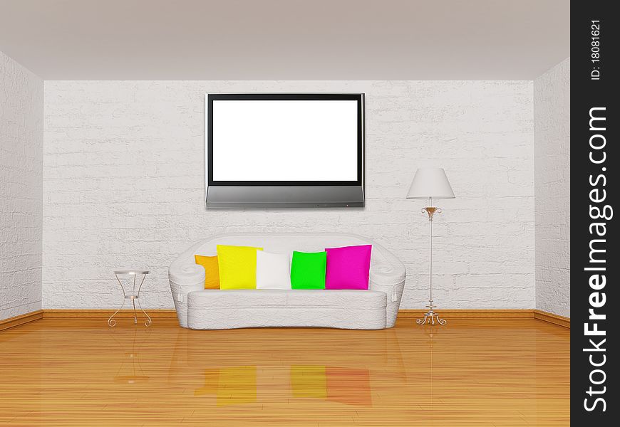 Room with white couch, table, lamp and lcd TV