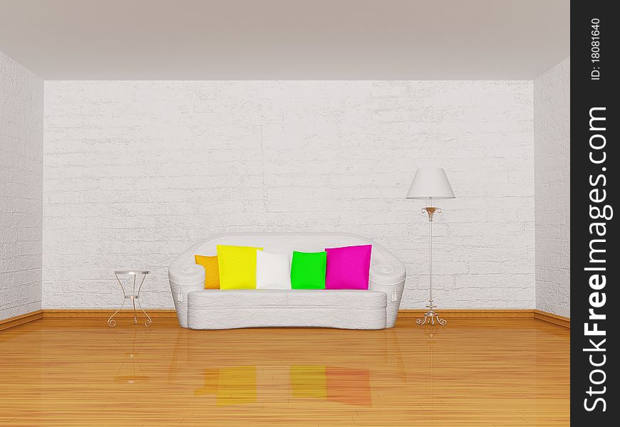 Minimalist living room with white couch, table and standard lamp. Minimalist living room with white couch, table and standard lamp