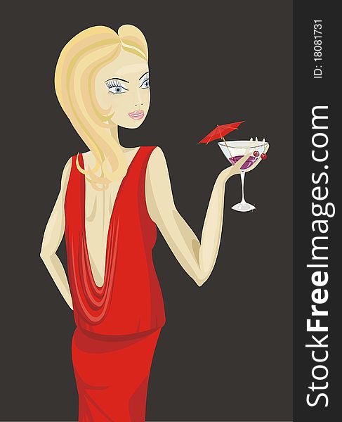 Pretty girl in red dress with cocktail. Pretty girl in red dress with cocktail