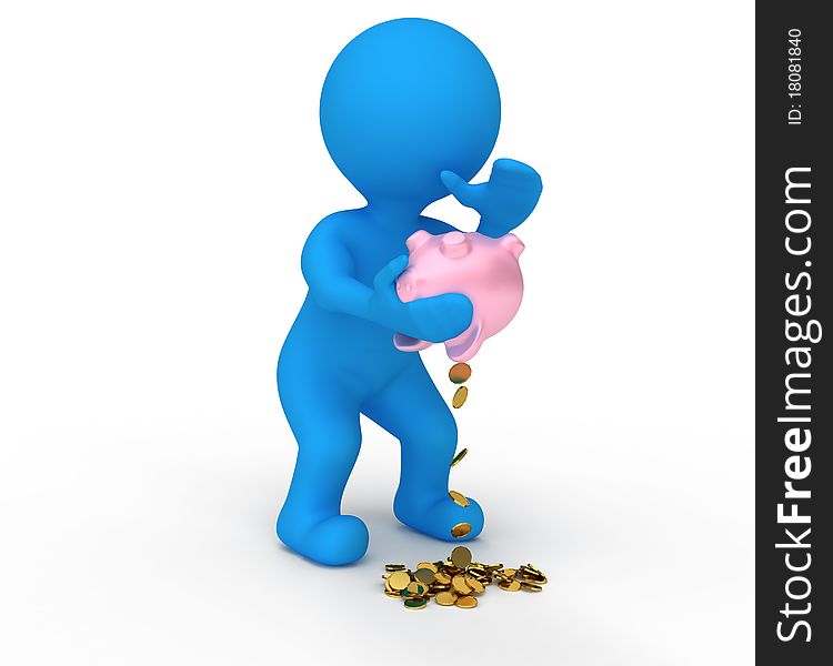 Man pulls out the last gold coins from the piggy bank. Man pulls out the last gold coins from the piggy bank