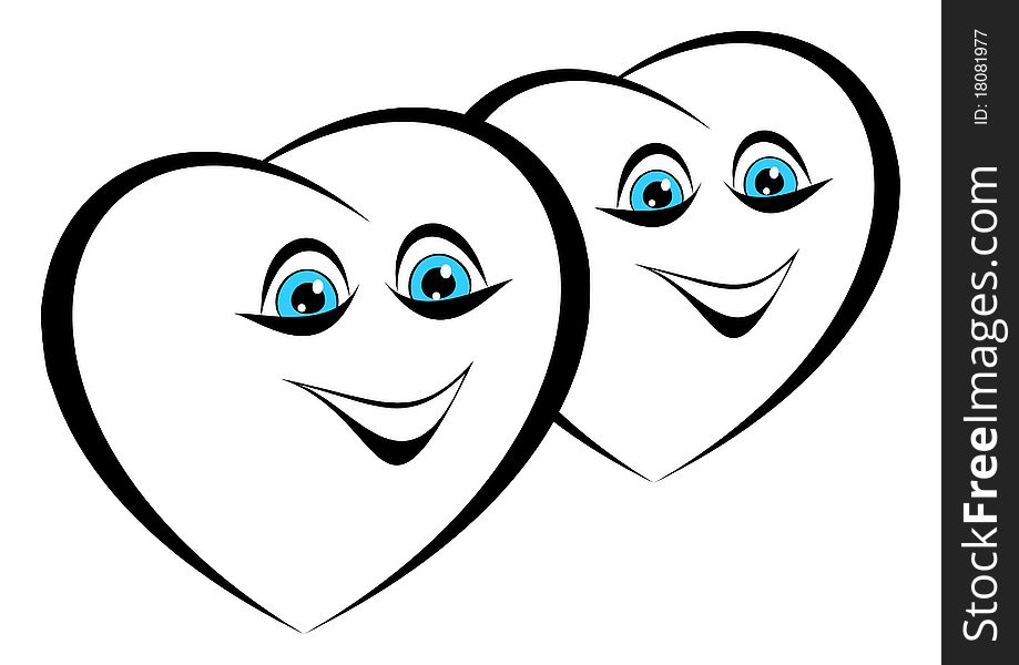 Two amusing hearts on a white background. Hearts cheerfully laugh. Two amusing hearts on a white background. Hearts cheerfully laugh.