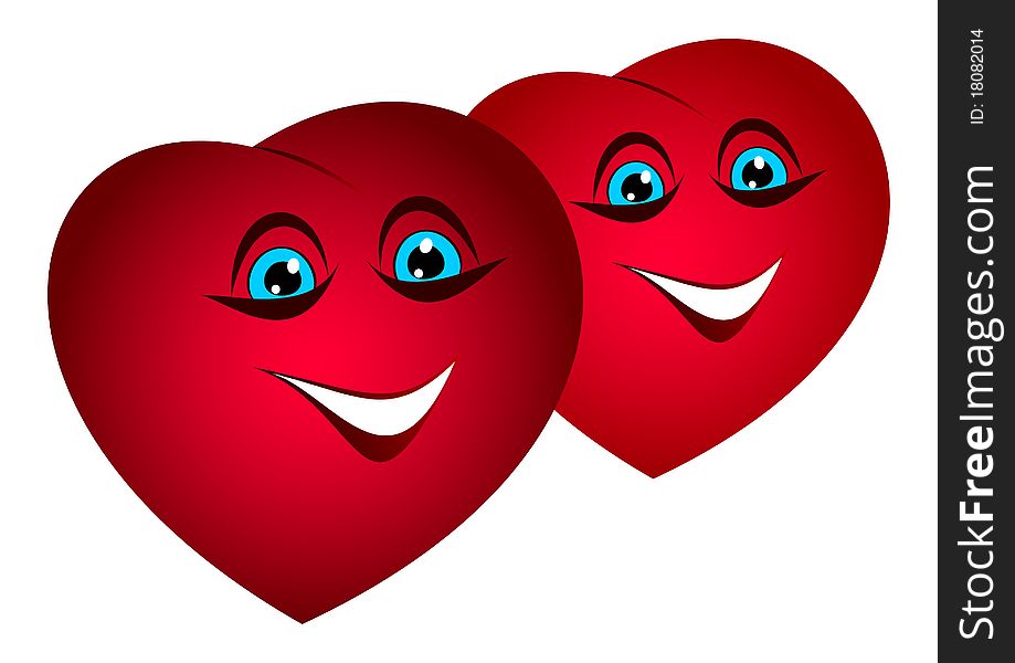 Two red hearts on a white background. They smile. Two red hearts on a white background. They smile.