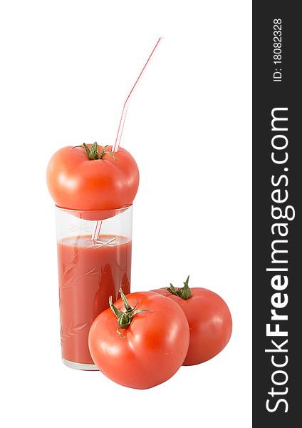 Glass of tomato juice and tomato isolated on a white background