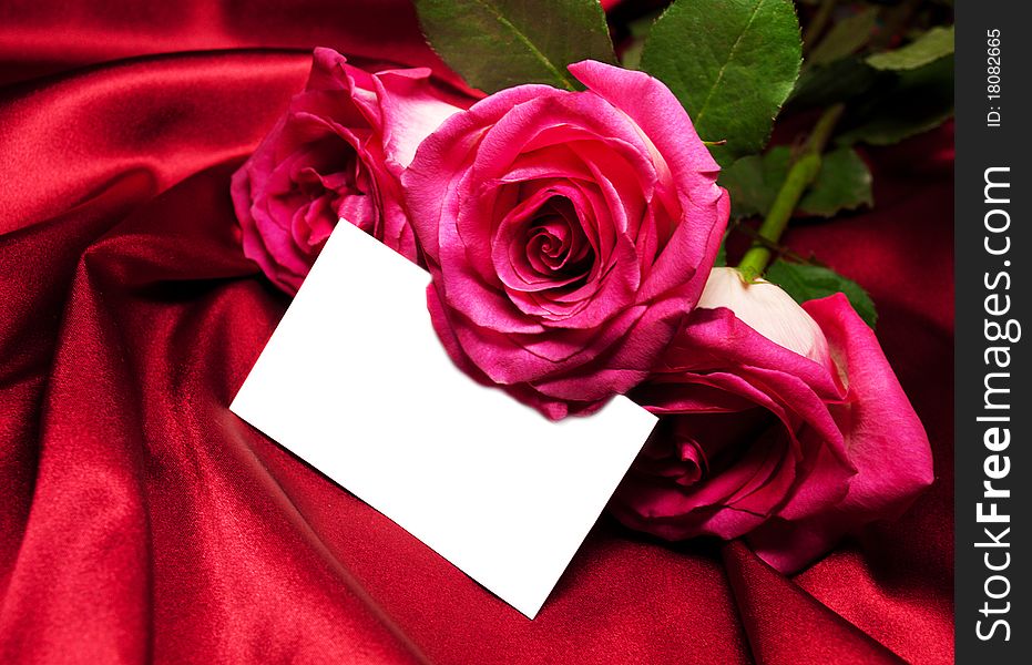 Roses and card on red satin background. Roses and card on red satin background