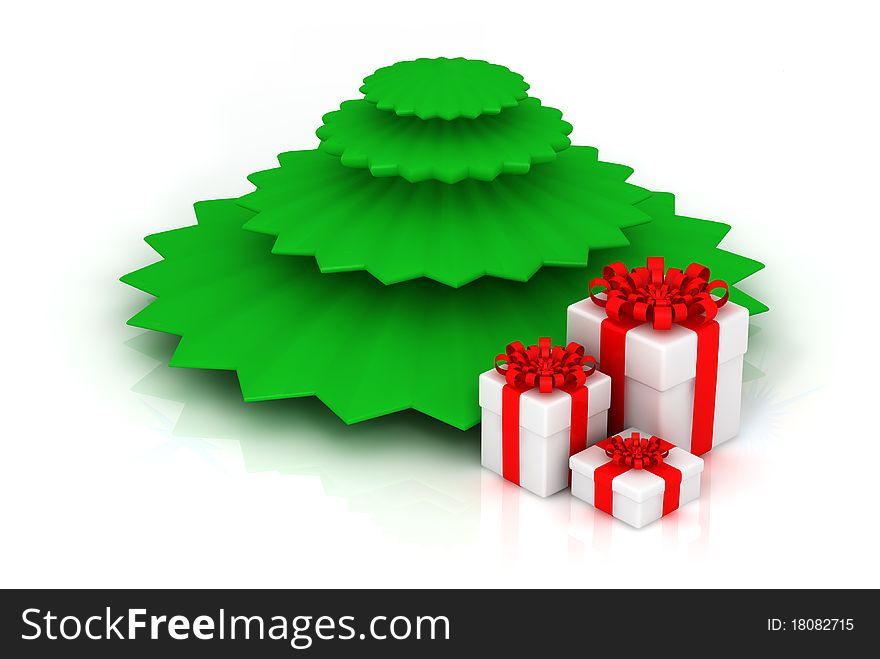 Christmas tree with gifts isolated on white