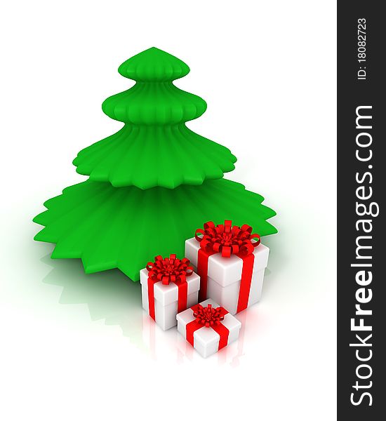 Christmas tree and gifts isolated on white