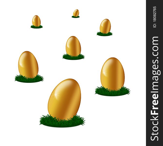 Golden egg's on green grass isolated on white background.