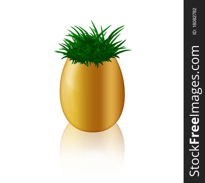 Green grass in gold egg on whie background. Green grass in gold egg on whie background