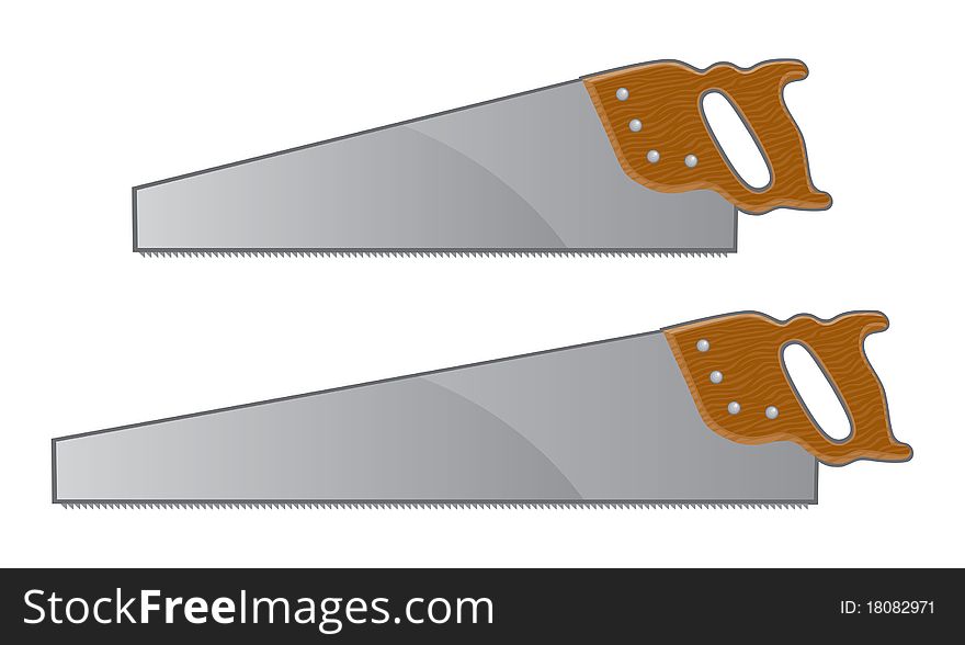 Illustration of two sizes of hand saws used for woodworking and construction.