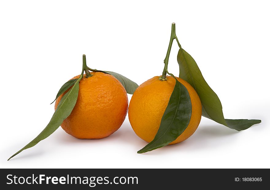 Ripe tangerines with leaves and segments on a white background