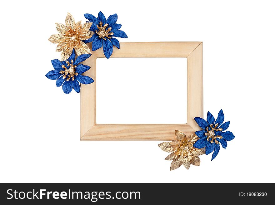 Wooden Photo Frame With Blue And Golden Flowers