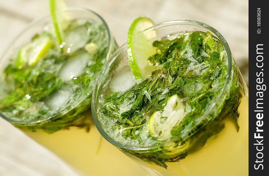Fresh mojito cocktail in glass tumblers