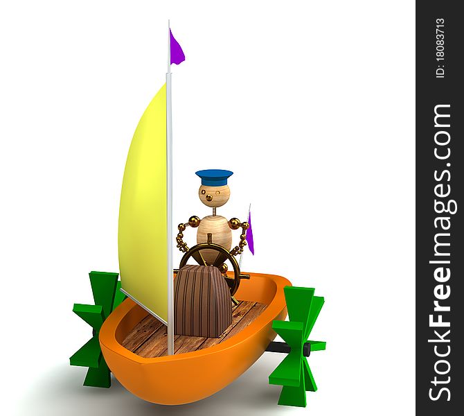 3d wood man on toy boat isolated on white