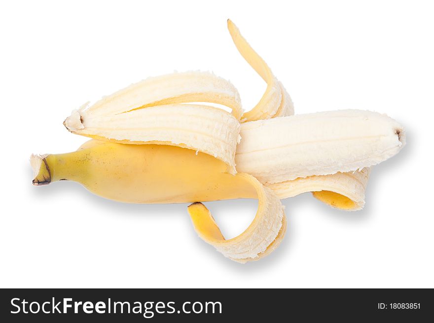 Fresh half peeled banana, isolated on white.