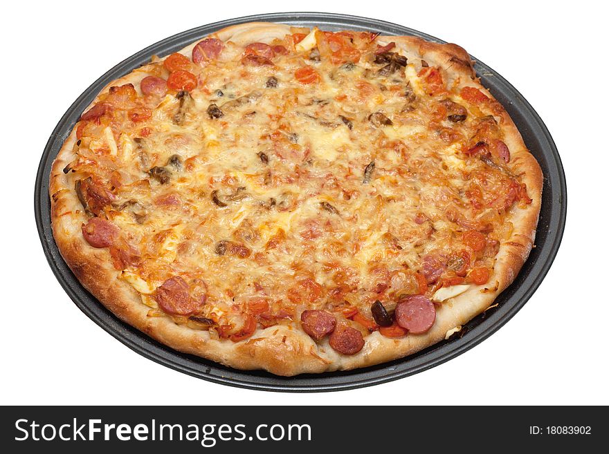 Hot fresh pizza on a baking tray isolated