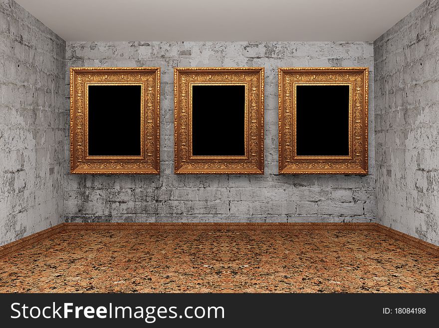 Grunge show room with picture frames