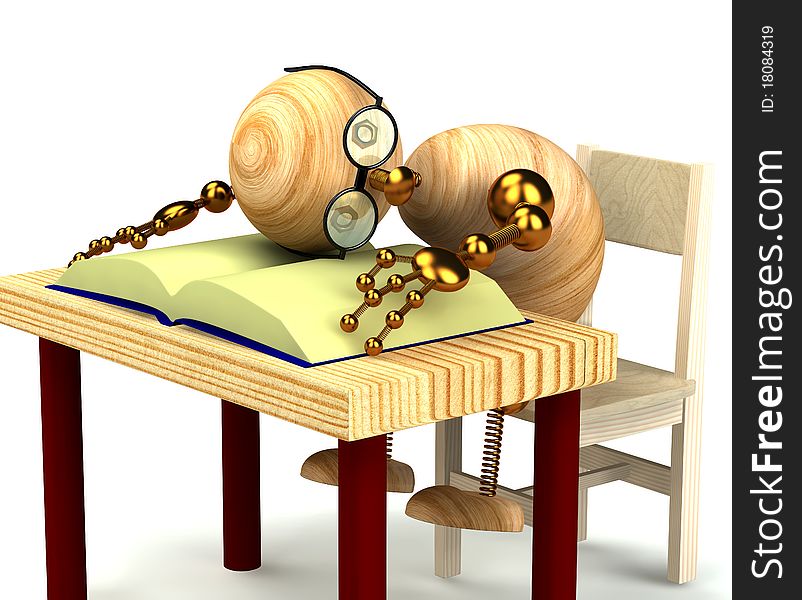 3d wood man sleeping on the book isolated on white